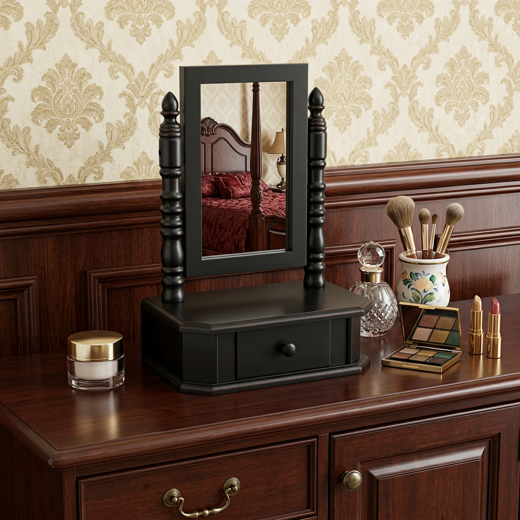 274446_6_QxeYSfdC.jpg 20" Black Wood Framed Freestanding Makeup Shaving Tabletop Mirror - Image 1