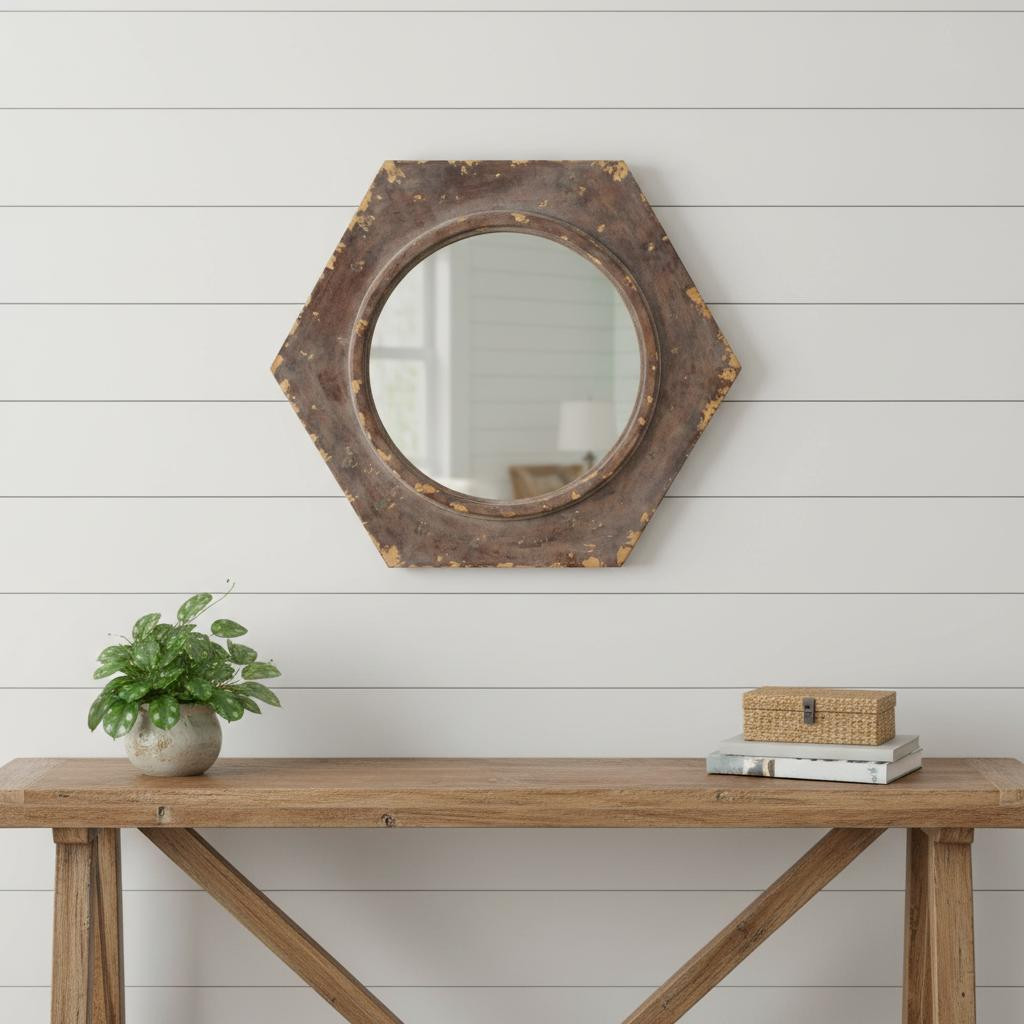 274532_6_HB0sijRb.jpg 24" Bronze Hexagon Distressed Wood Framed Accent Mirror - Image 1