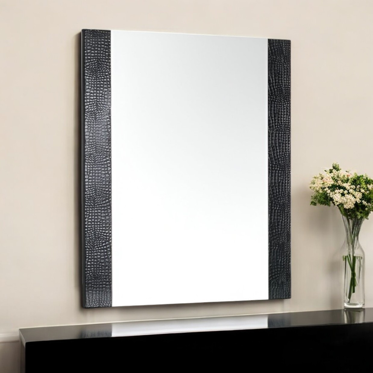 282548_6_oUcxaciS.jpg 41" Black Faux Shagreen Partially Framed Accent Mirror - Image 1