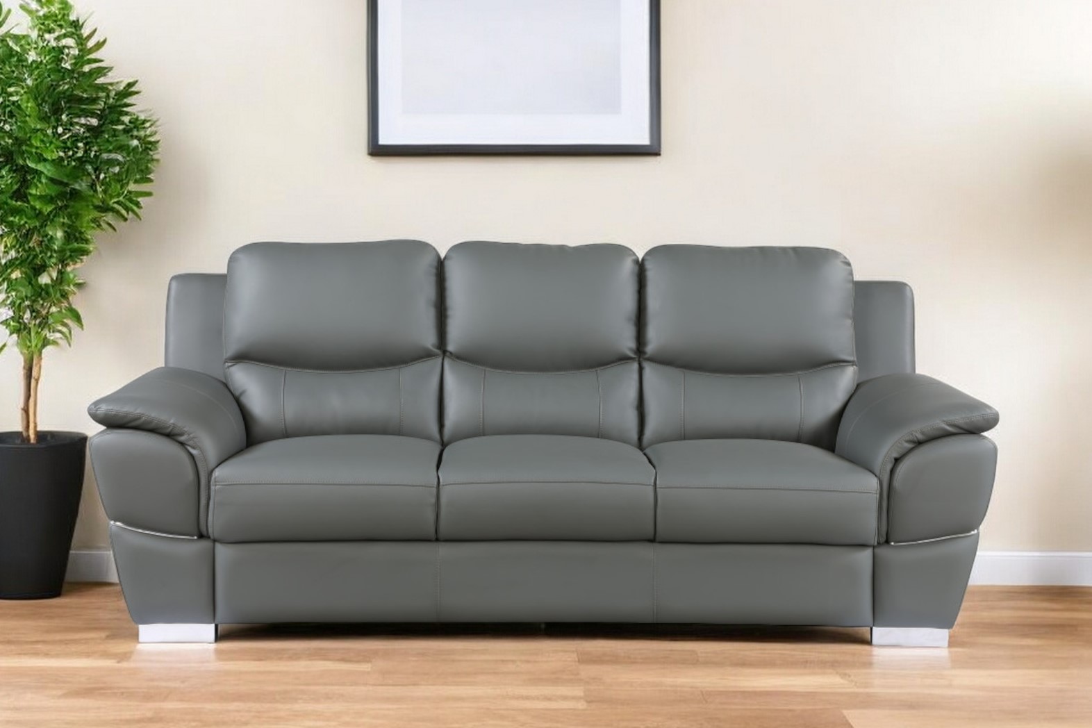 329483_9_mUe3HIxh-1.jpg 85" Gray Leather Sofa With Silver Legs - Image 1