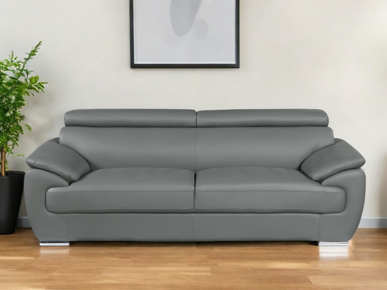 329527_8_4SkuSRrS.jpg 86" Gray Leather Sofa With Silver Legs - Image 1