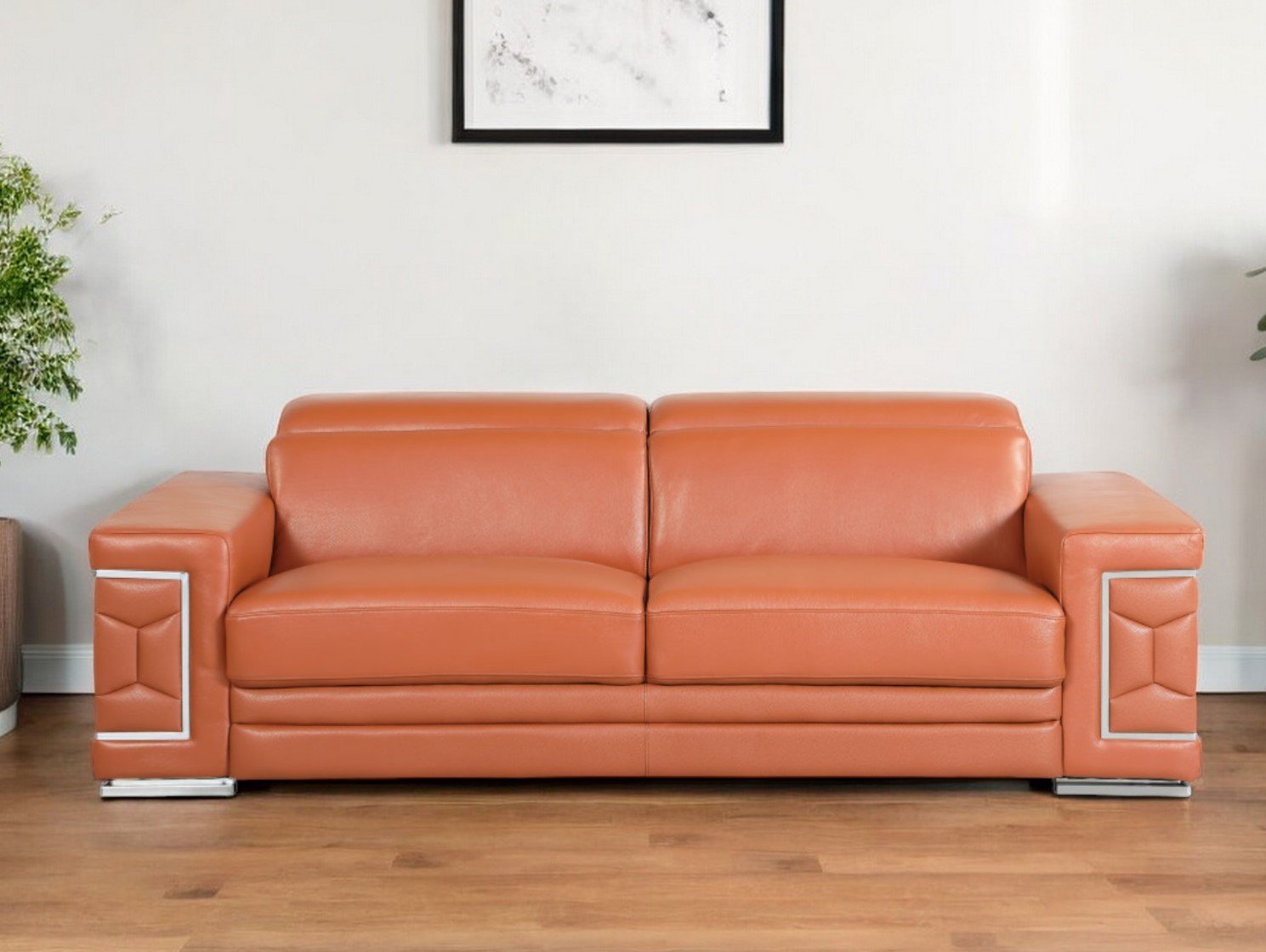 329585_10_6XK26n1U-1.jpg 89" Camel Italian Leather Sofa With Silver Legs - Image 1