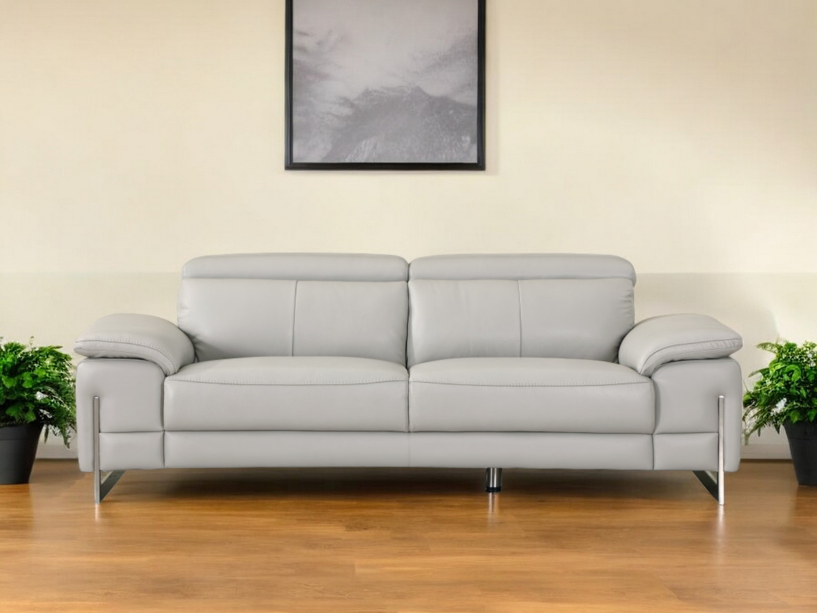 329684_11_RIrvyhEK-1.jpg 87" Light Gray Italian Leather Sofa With Silver Legs - Image 1