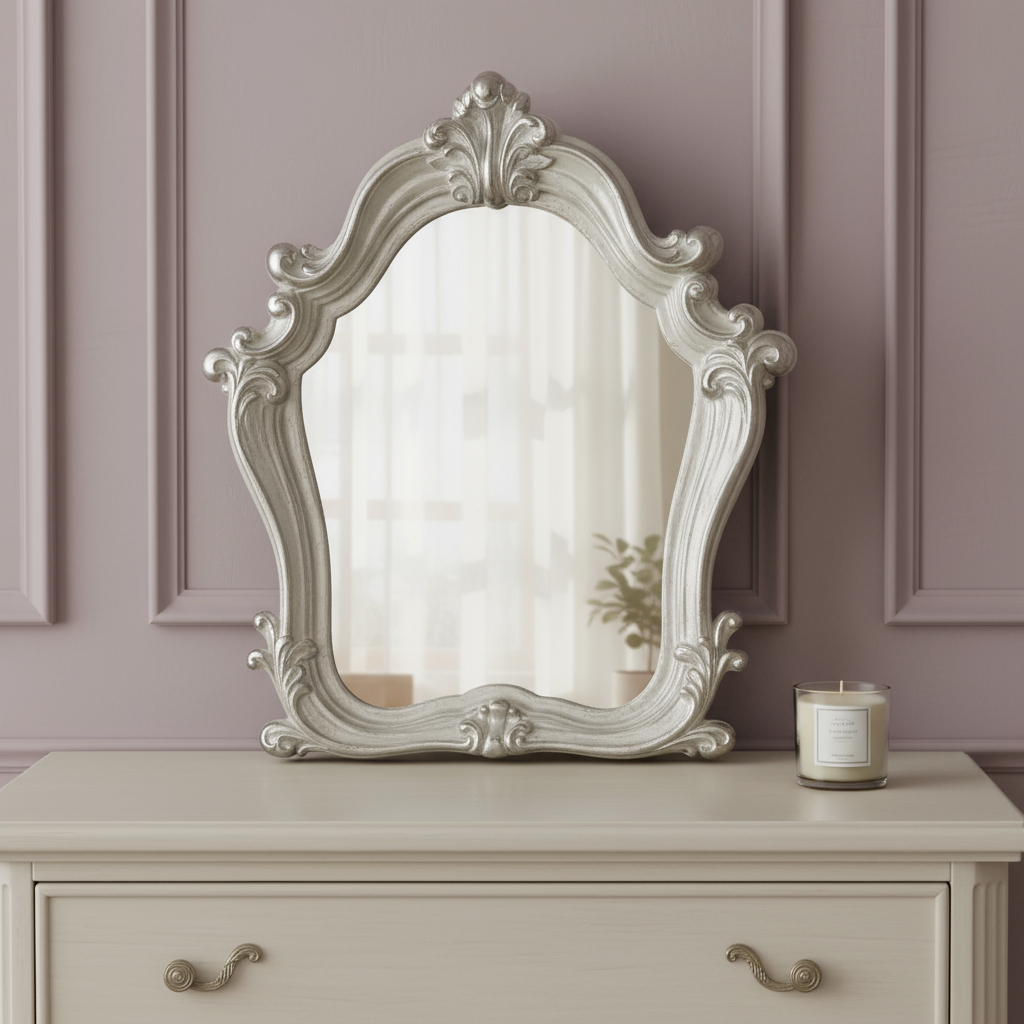 374191_9_mpjMjSA3-3.jpg 47" White And Silver Abstract Wood Framed Antiqued Glass Mounted Dresser Mirror - Image 1
