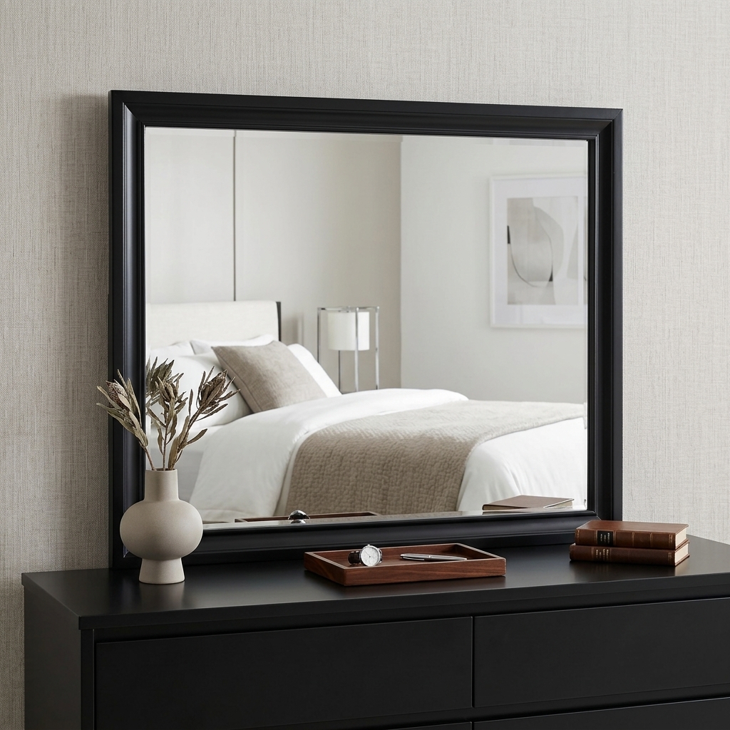 374223_9_zsNz3WL9-4.jpg 36" Black Wood Dresser Mount Framed Mirror - Image 1