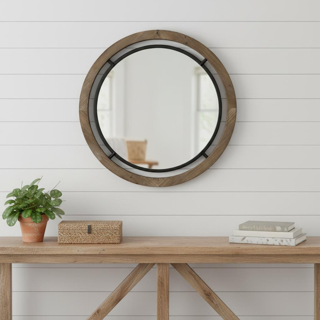 376406_5_jE0Q6pGI-4.jpg 19" Black And Brown Metal And Solid Wood Round Geometric Framed Accent Mirror - Image 1