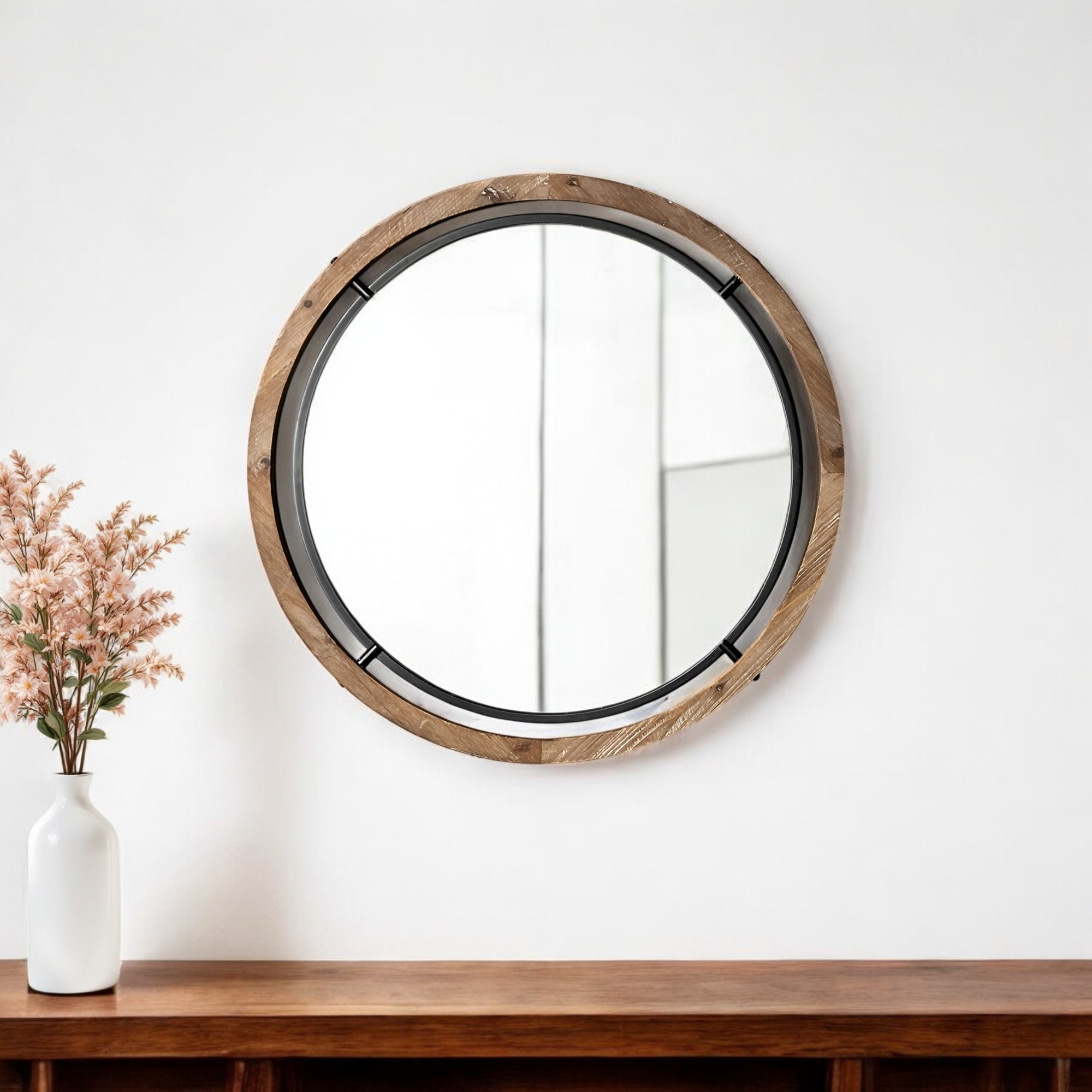376407_12_JSrIbeN6-4.jpg 24" Brown And Black Round Metal And Wood Framed Accent Mirror - Image 1