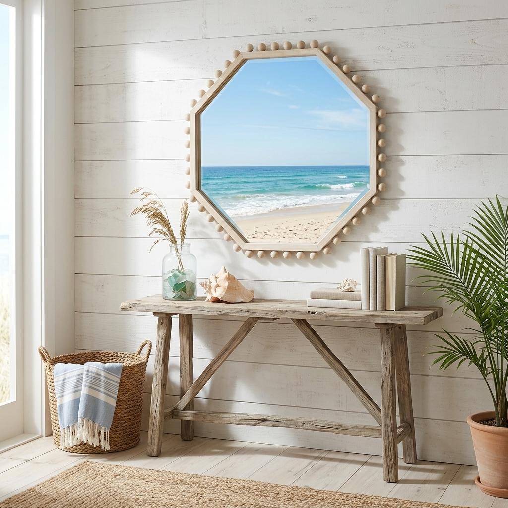 376421_8_lEp3oqq6-3.jpg 33" Natural Wood Octagon Beaded Framed Accent Mirror - Image 1