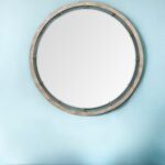 54" Brown Round Wood And Metal Framed Accent Mirror