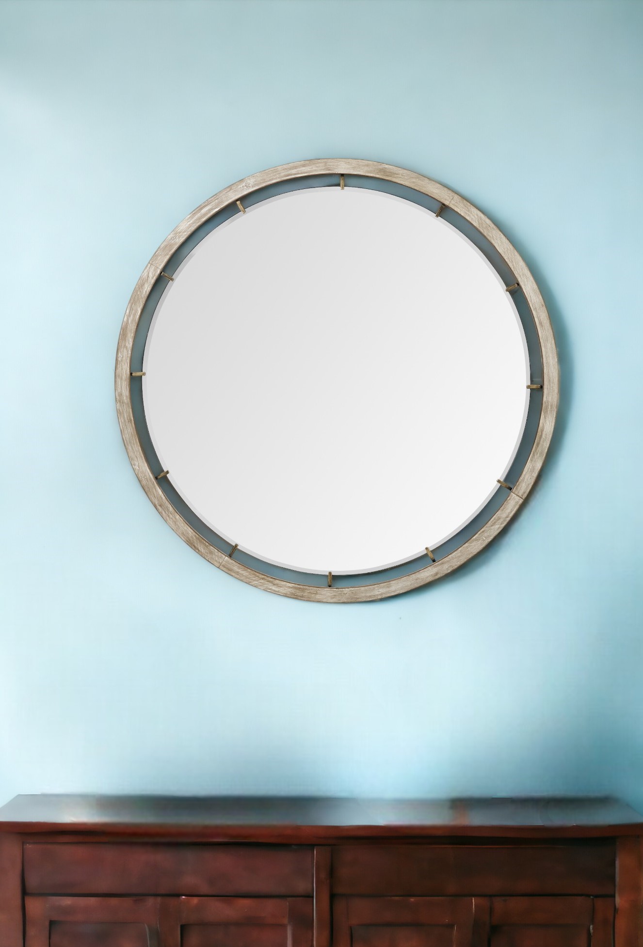 376422_12_ckxQG3rm-3.jpg 54" Brown Round Wood And Metal Framed Accent Mirror - Image 1