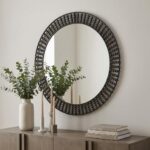 42" Round Black Metal Frame Wall Mirror With Wood Beads