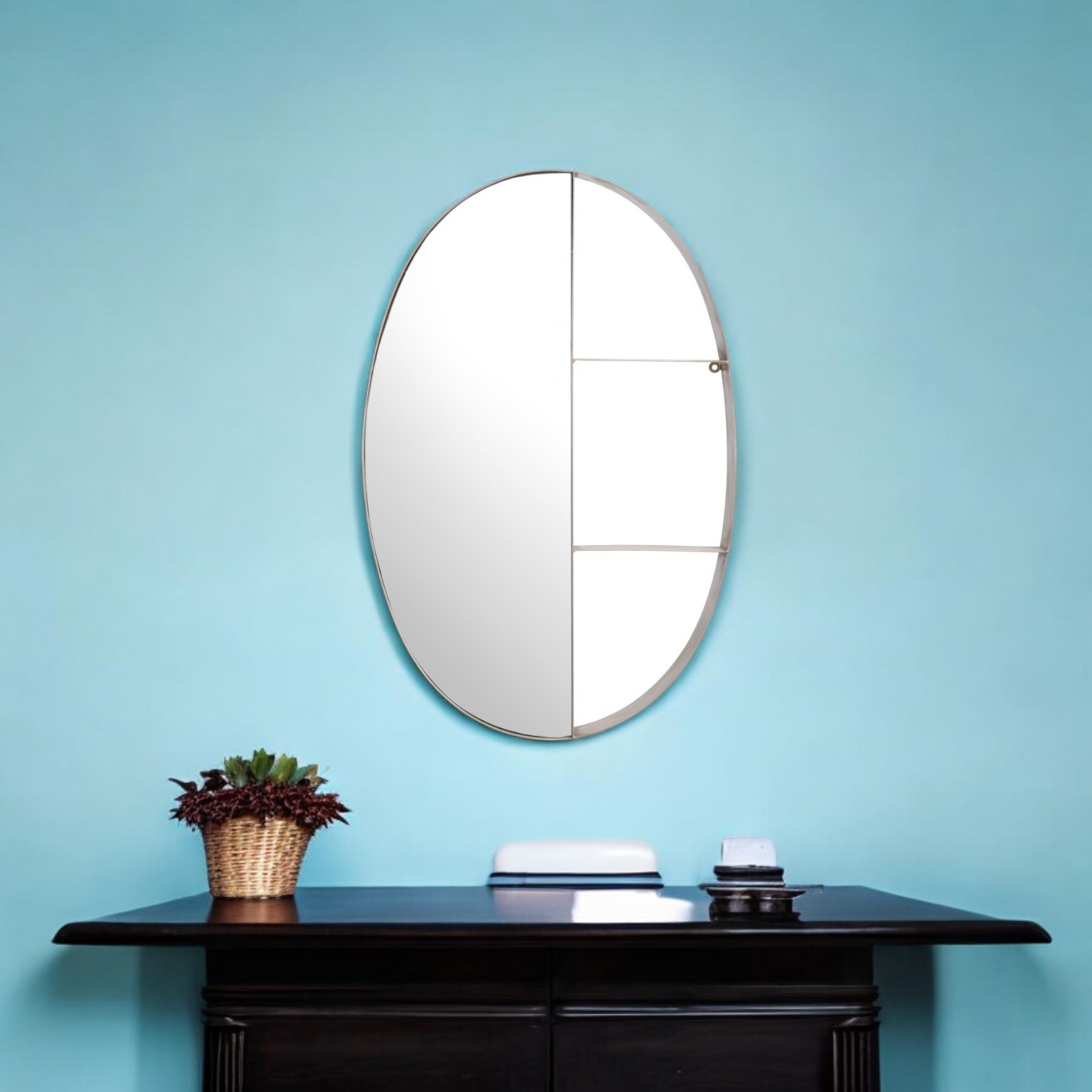 391644_12_kqGTDvvW.jpg 34" Bronze Oval Steel Framed Accent Mirror - Image 1