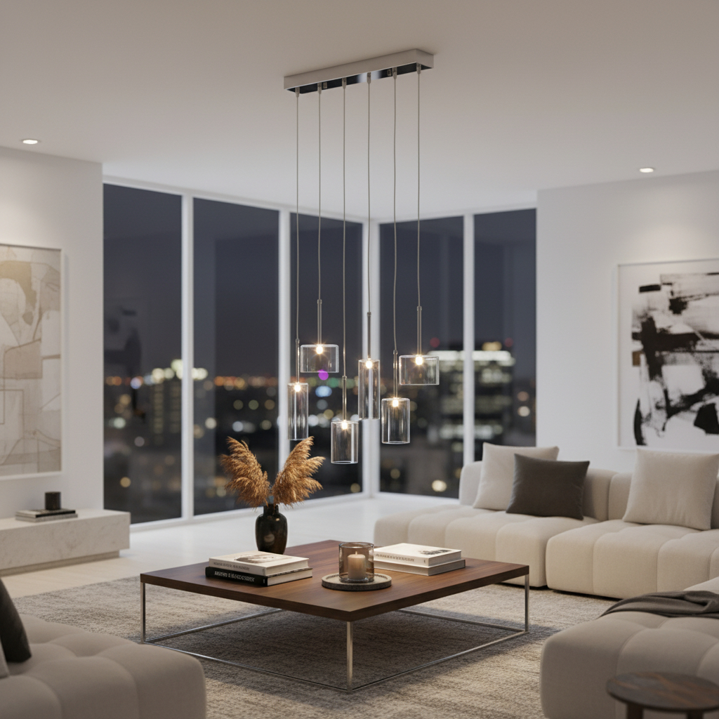 391881_14_YVnvRKGK.jpg Silver Kitchen Island Six Light Metal LED Ceiling Light With Shades - Image 1