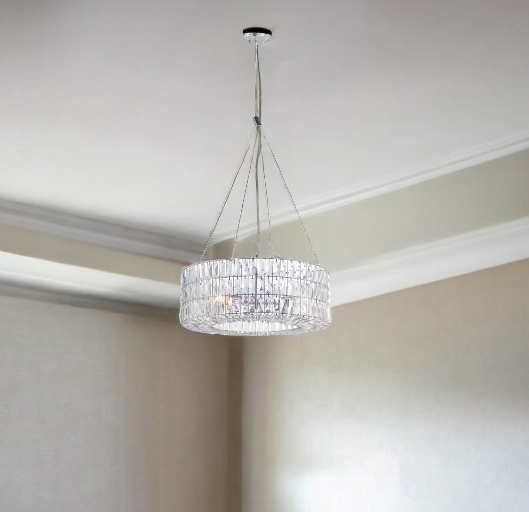 391893_13_Yyh8fs1j.jpg Silver Lantern Metal Chandelier With Silver Shades - Image 1