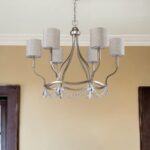 Gold Candle Style Six Light Metal Dimmable Chandelier With White Shades