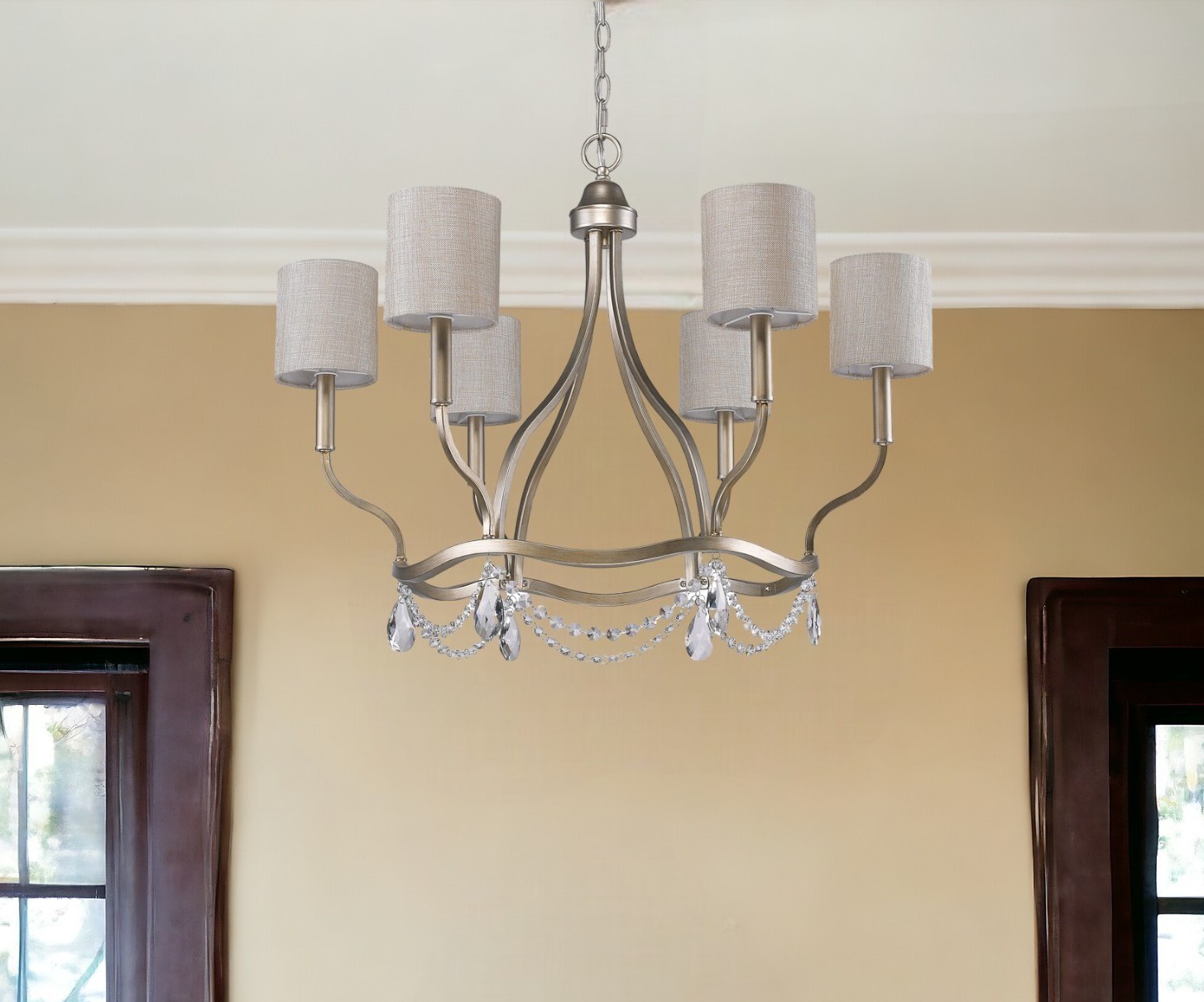 398048_8_alZBtsLE.jpg Gold Candle Style Six Light Metal Dimmable Chandelier With White Shades - Image 1