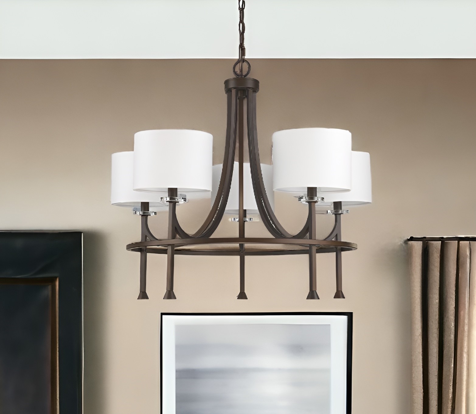 398055_8_8P1tn5Fw.jpg Brown Candle Style Five Light Metal and Crystals Dimmable Chandelier With White Shades - Image 1