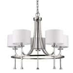 Silver Candle Style Five Light Metal and Crystals Dimmable Chandelier With White Shades - Image 2