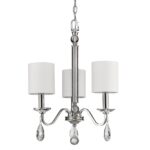 Silver Candle Style Three Light Metal and Crystals Dimmable Chandelier With White Shades - Image 2