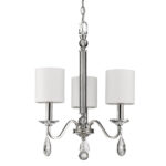 Silver Candle Style Three Light Metal and Crystals Dimmable Chandelier With White Shades - Image 3