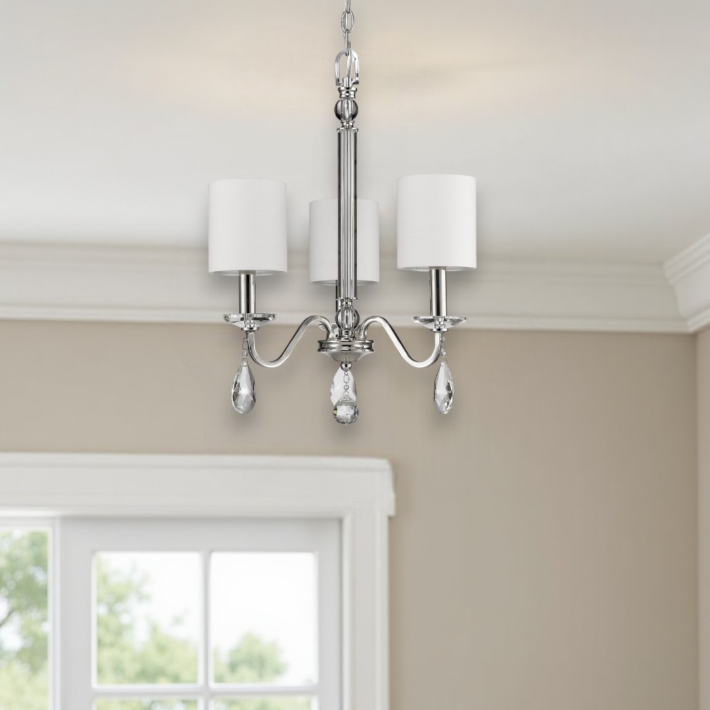 398059_8_RFD8VRnA.jpg Silver Candle Style Three Light Metal and Crystals Dimmable Chandelier With White Shades - Image 1