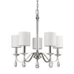 Silver Candle Style Five Light Metal and Crystals Dimmable Chandelier With White Shades - Image 2