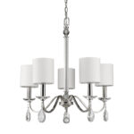 Silver Candle Style Five Light Metal and Crystals Dimmable Chandelier With White Shades - Image 3