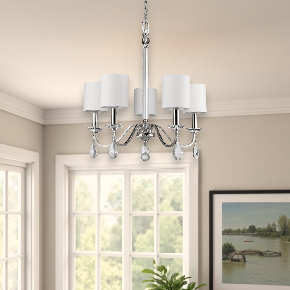 398060_7_I2Sfr7xj.jpg Silver Candle Style Five Light Metal and Crystals Dimmable Chandelier With White Shades - Image 1