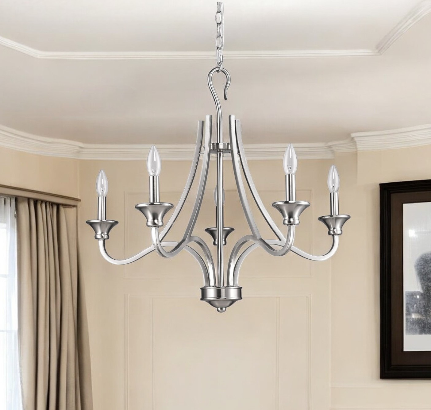 398107_5_PQEvolst.jpg Silver Candle Style Five Light Metal Dimmable Chandelier - Image 1
