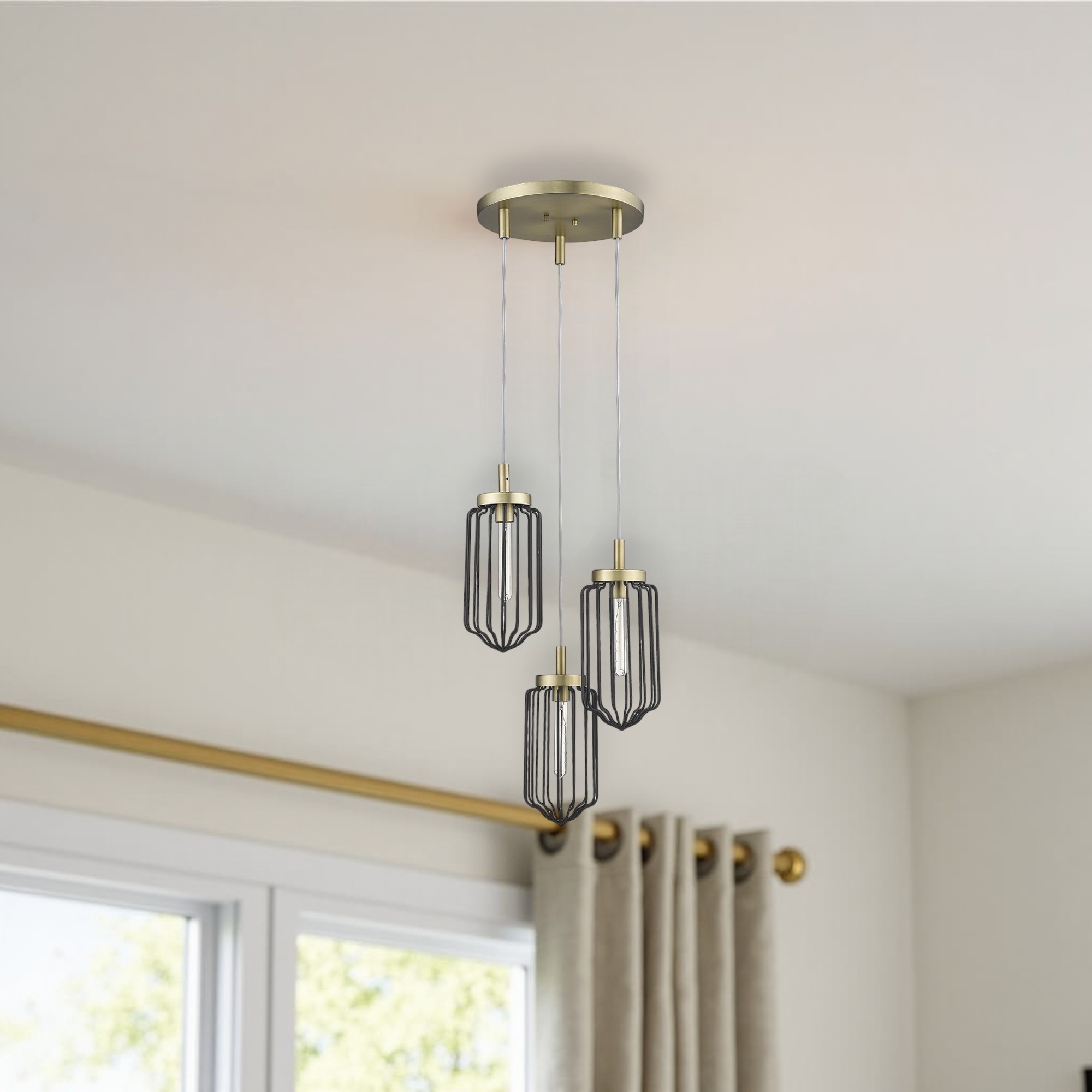 398257_11_iI3VrpAy-1.jpg Gold Caged Three Light Metal Dimmable Chandelier With Black Shades - Image 1
