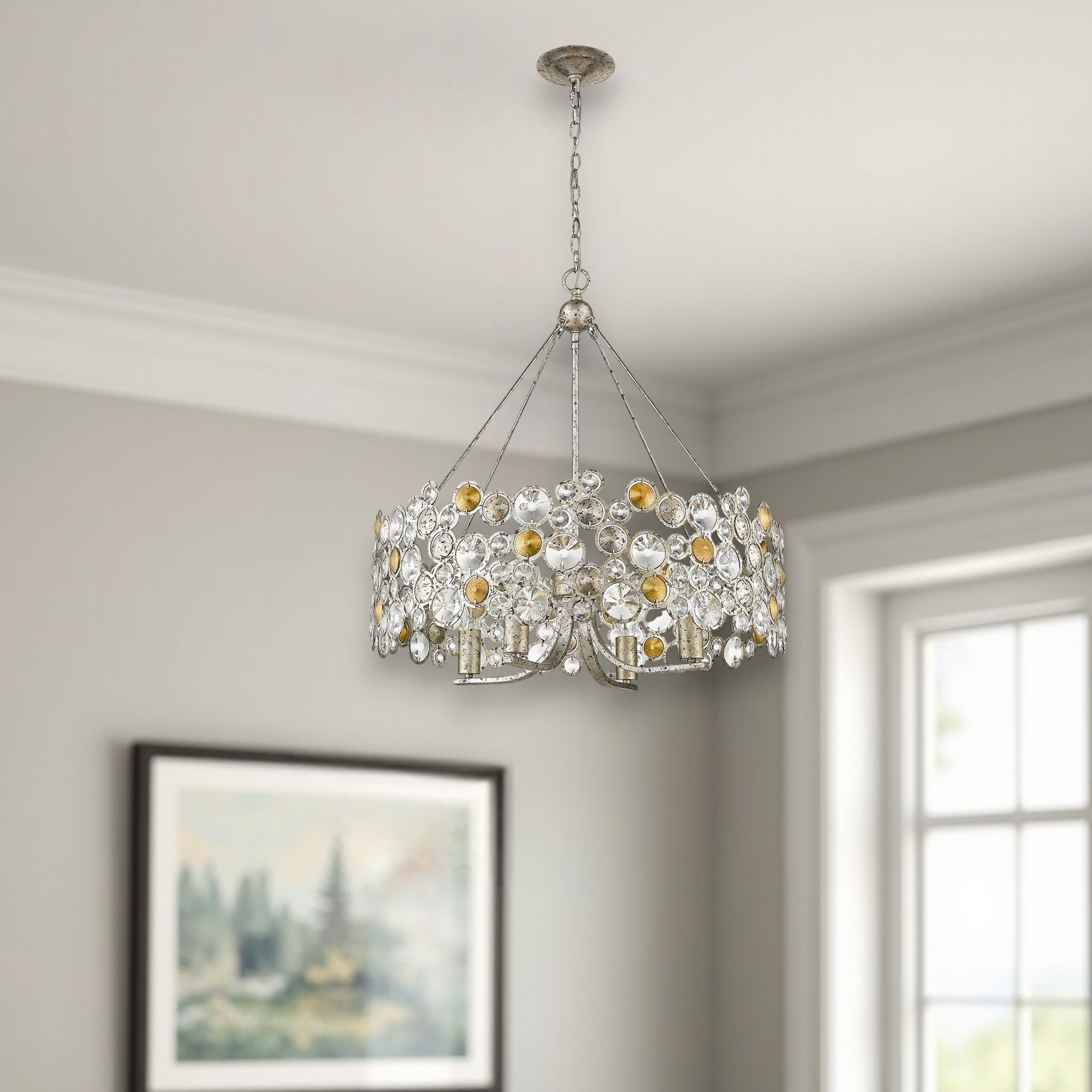 398262_10_ThWna1zP-1.jpg Silver Shaded Four Light Metal and Crystals Dimmable Chandelier With Silver Shades - Image 1