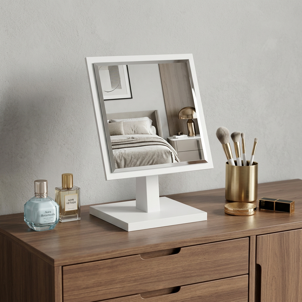 420750_8_GL2eaXc1.jpg 9" White Wood Square Freestanding Framed Makeup Shaving Tabletop Mirror - Image 1
