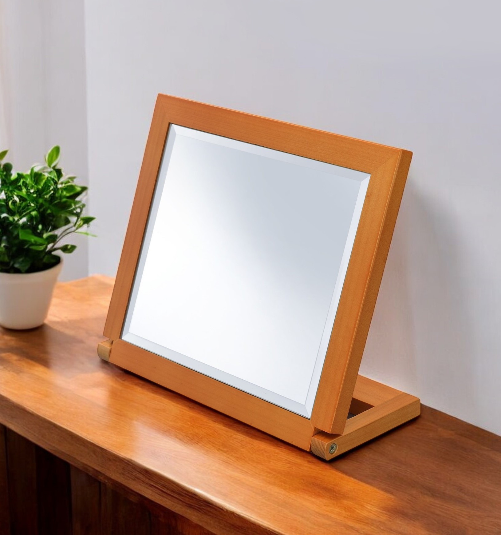 420751_8_ePKG8O7C.jpg 8" Brown Wood Framed Freestanding Makeup Shaving Tabletop Mirror - Image 1