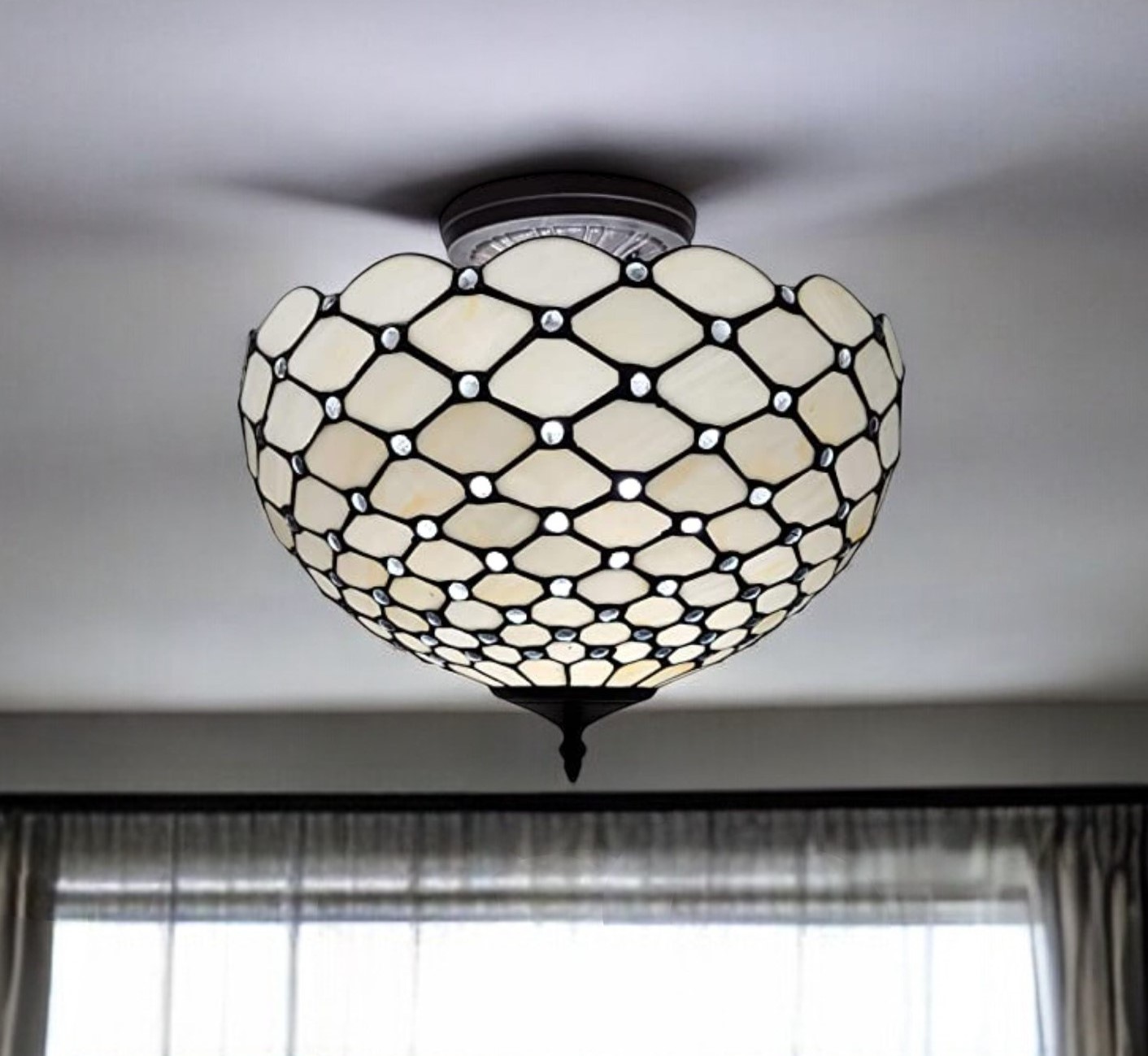 478304_4_JwgRAEuM.jpg Black and White Tiffany Style Two Light Semi Flush Ceiling Lamp - Image 1