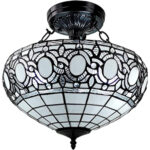 Blue and Black Tiffany Style Two Light Glass Dimmable Semi Flush Ceiling Light - Image 2
