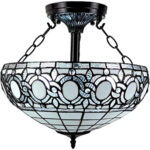 Blue and Black Tiffany Style Two Light Glass Dimmable Semi Flush Ceiling Light - Image 3