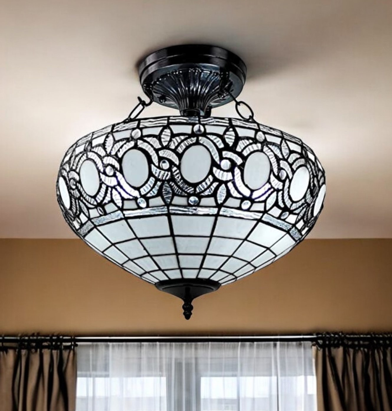 478315_4_609h9qhO-1.jpg Blue and Black Tiffany Style Two Light Glass Dimmable Semi Flush Ceiling Light - Image 1