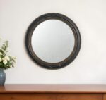 24" Dark Brown Distressed Wood Round Framed Accent Mirror