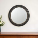 24" Dark Brown Distressed Wood Round Framed Accent Mirror