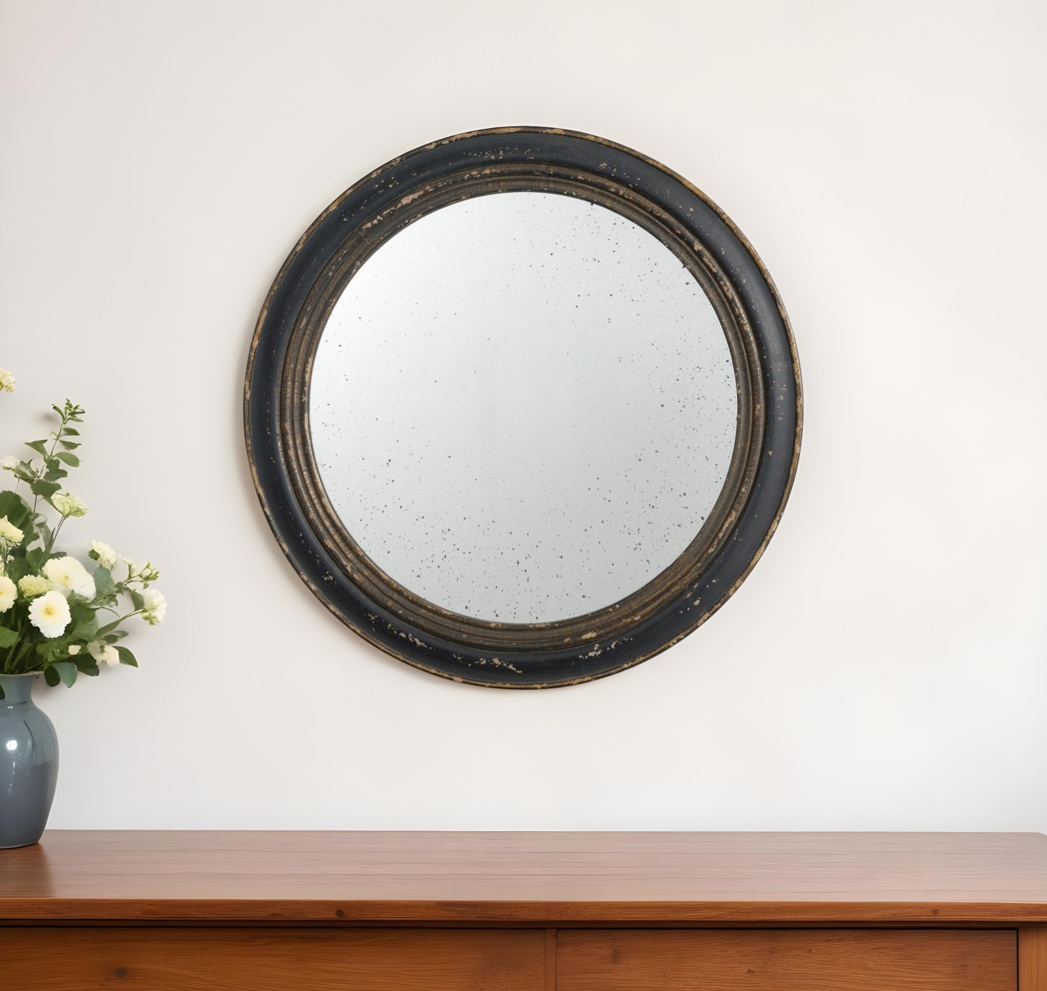 484986_8_UxUyHiJV-2.jpg 24" Dark Brown Distressed Wood Round Framed Accent Mirror - Image 1