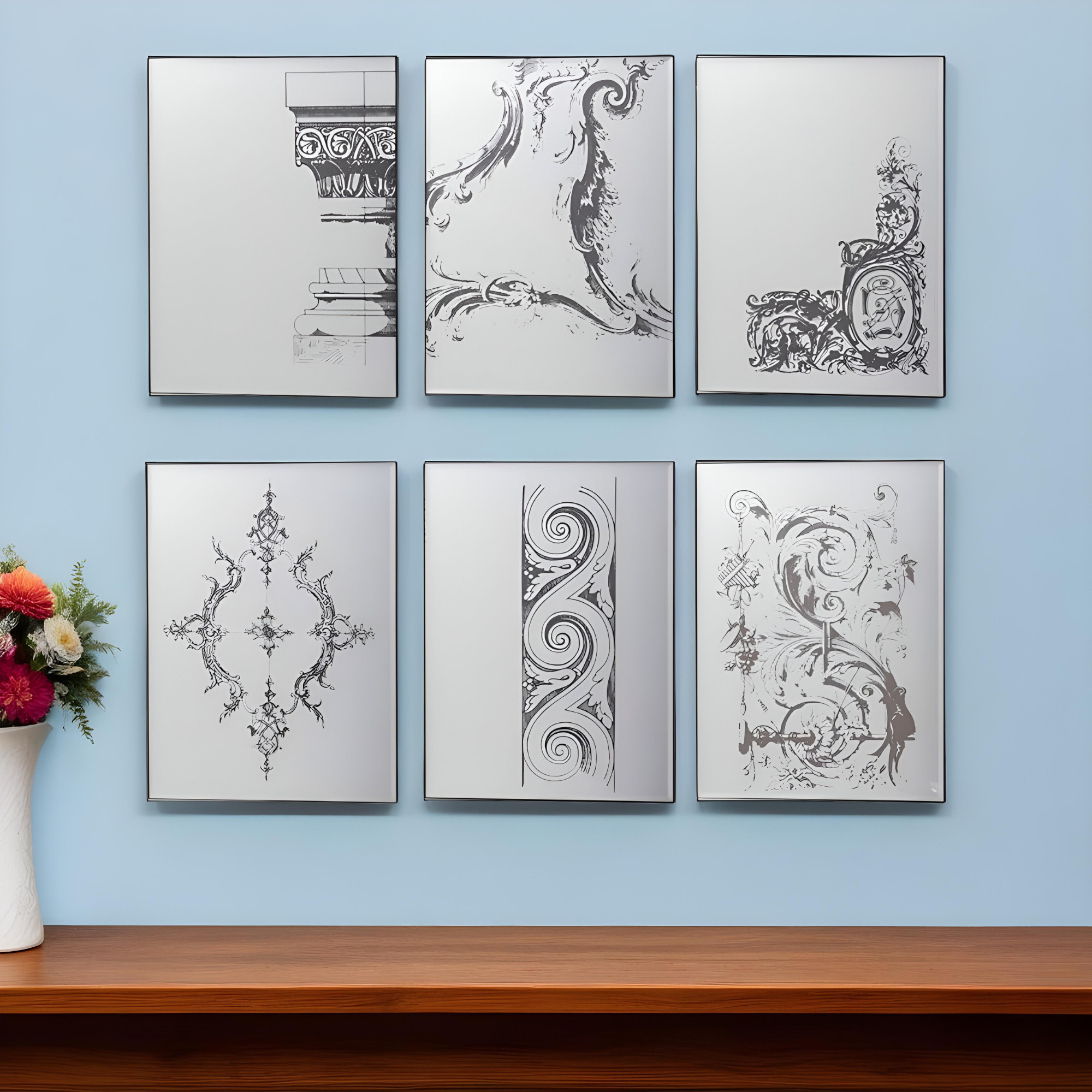 485005_15_Vgzkvc4n-1.jpg Set of Six Decorative Antiqued Glass Black Metal Framed Mirror Set - Image 1