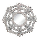 24" White Floral Scrollwork Distressed Round Framed Accent Mirror - Image 2