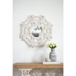 24" White Floral Scrollwork Distressed Round Framed Accent Mirror - Image 6