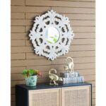 24" White Floral Scrollwork Distressed Round Framed Accent Mirror - Image 8