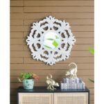 24" White Floral Scrollwork Distressed Round Framed Accent Mirror - Image 9