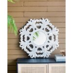 24" White Floral Scrollwork Distressed Round Framed Accent Mirror - Image 10