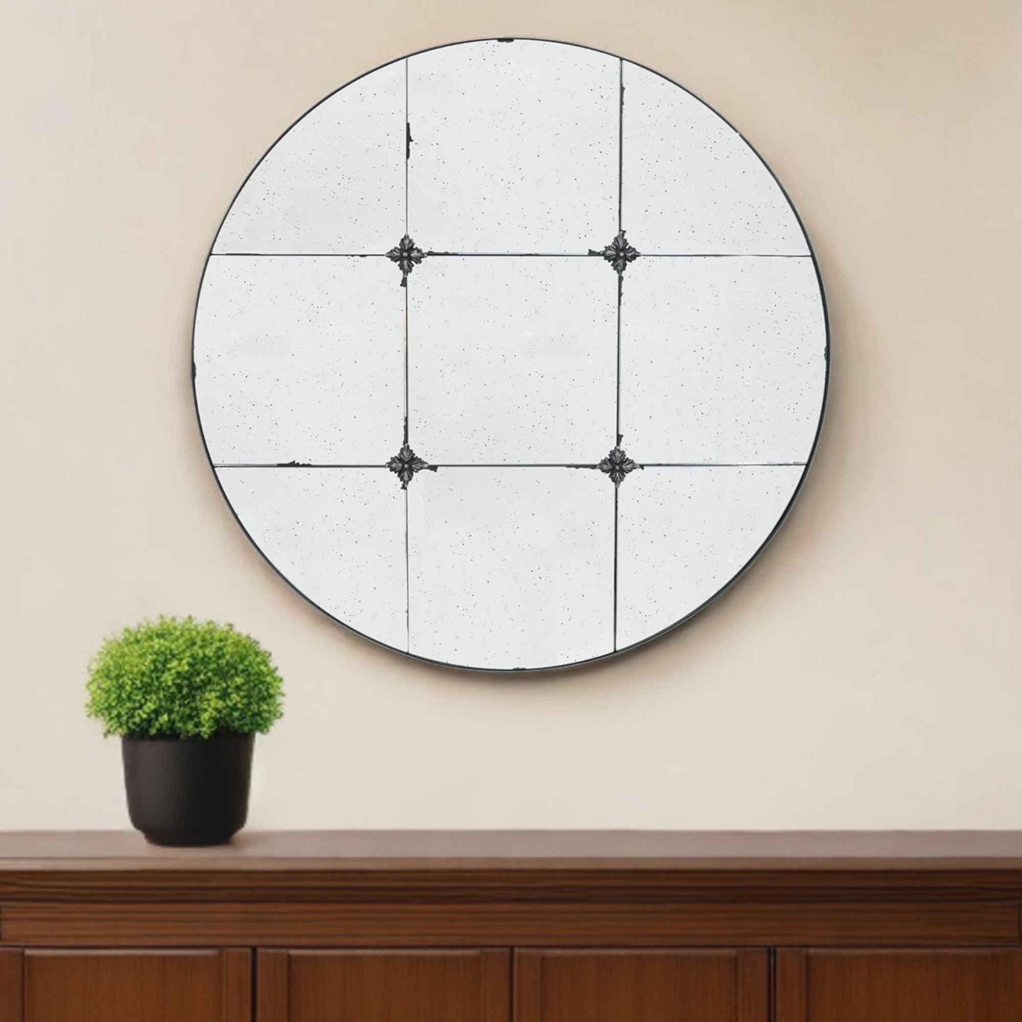 485057_13_RS8I8u5F-1.jpg 36" Black Round Iron Framed Antiqued Glass Accent Mirror - Image 1