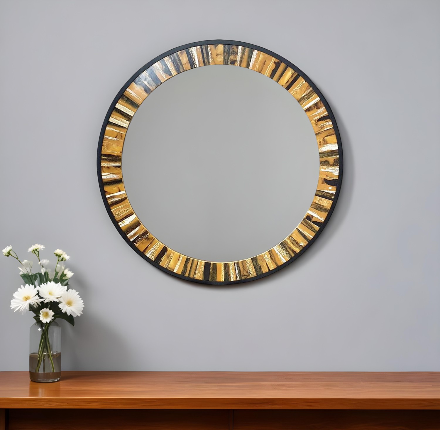 485063_5_ePfkyZKB.jpg 32" Brown and Black Faux Stone Round Framed Accent Mirror - Image 1