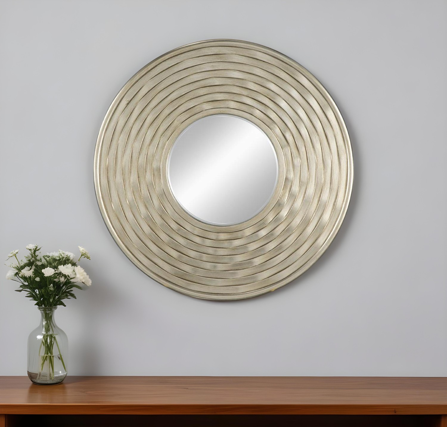 485078_11_VrsjCb8q-1.jpg 31" Silver Round Dimensional Thick Frame Accent Mirror - Image 1
