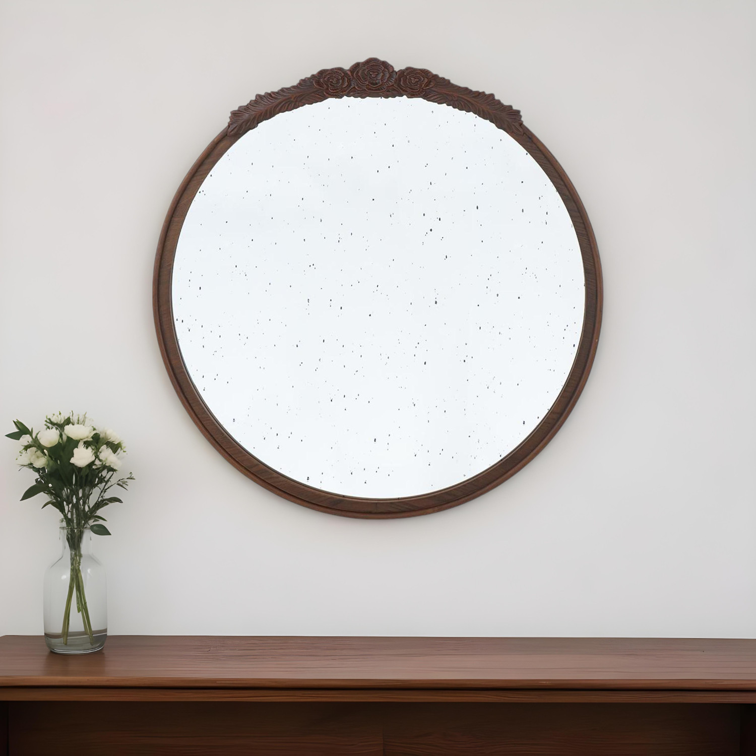 485095_8_IRmkTLcA-2.jpg 30" Brown Crowned Top Antiqued Glass Framed Accent Mirror - Image 1